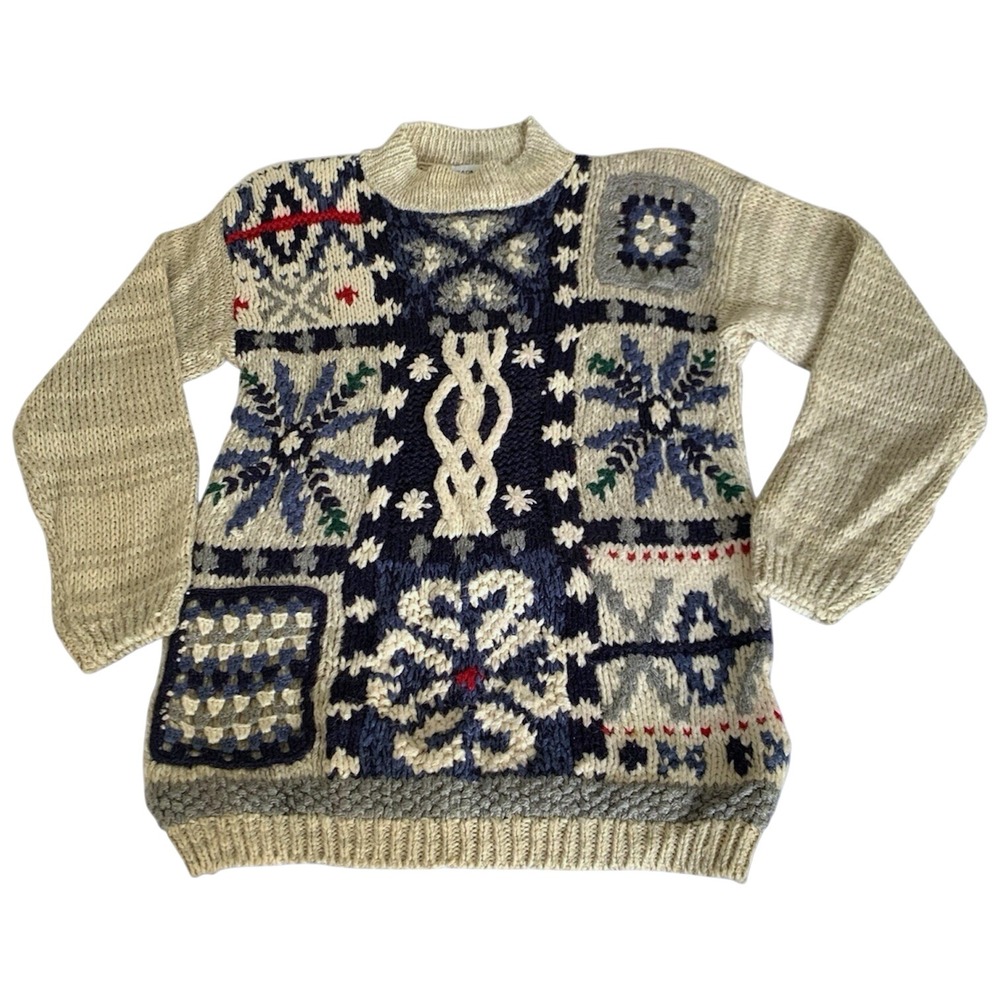VTG 90s Cabin Creek Patchwork Sweater Women‎ M Cream Blue Granny Squares Cottage